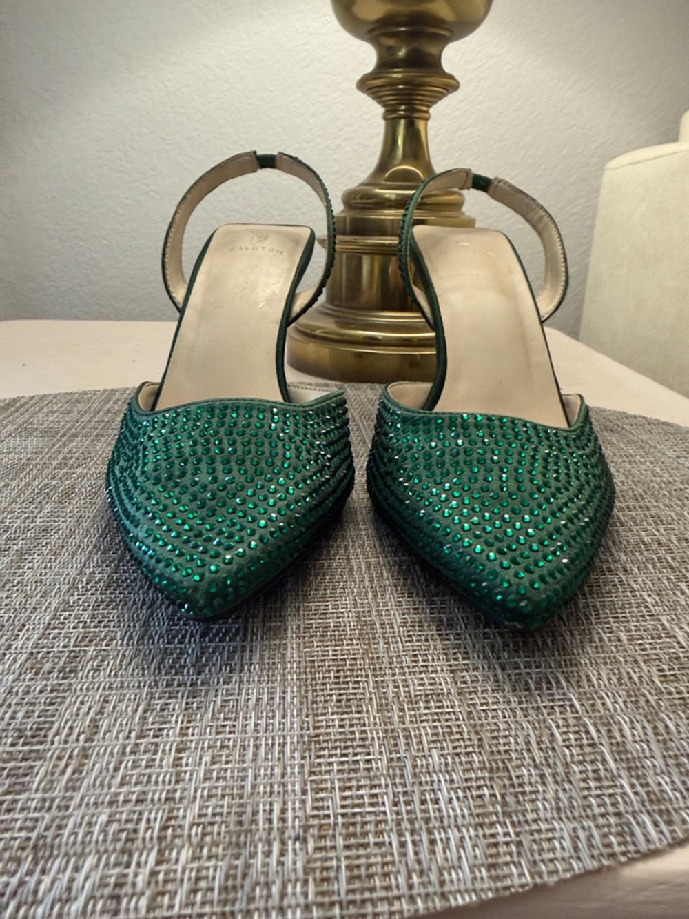 H by Halston Emerald Green Crystal Slingback Heels - Picture 2 of 7